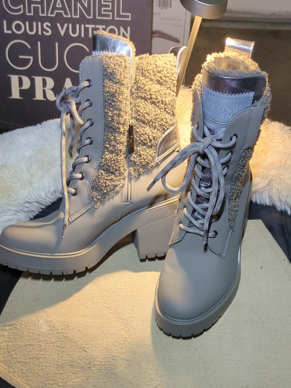Franco Sarto Gray Lace-Up Shearling-Trim Block Heel Boots NWOT NOW ONLY $55 WOW